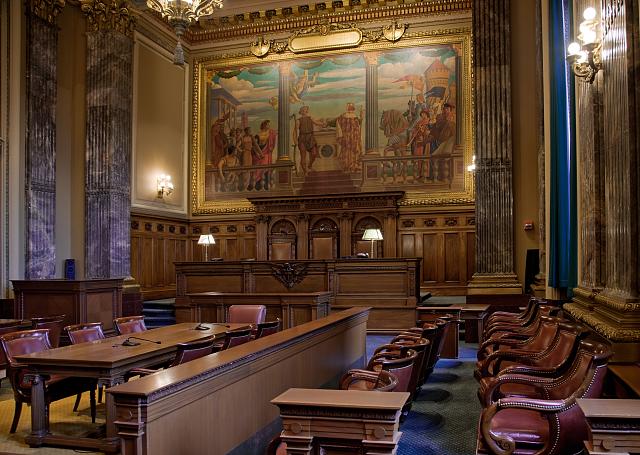 Jury box, Howard M. Metzenbaum U.S. Courthouse, Cleveland, Ohio by Carol Highsmith (image is in the public domain)