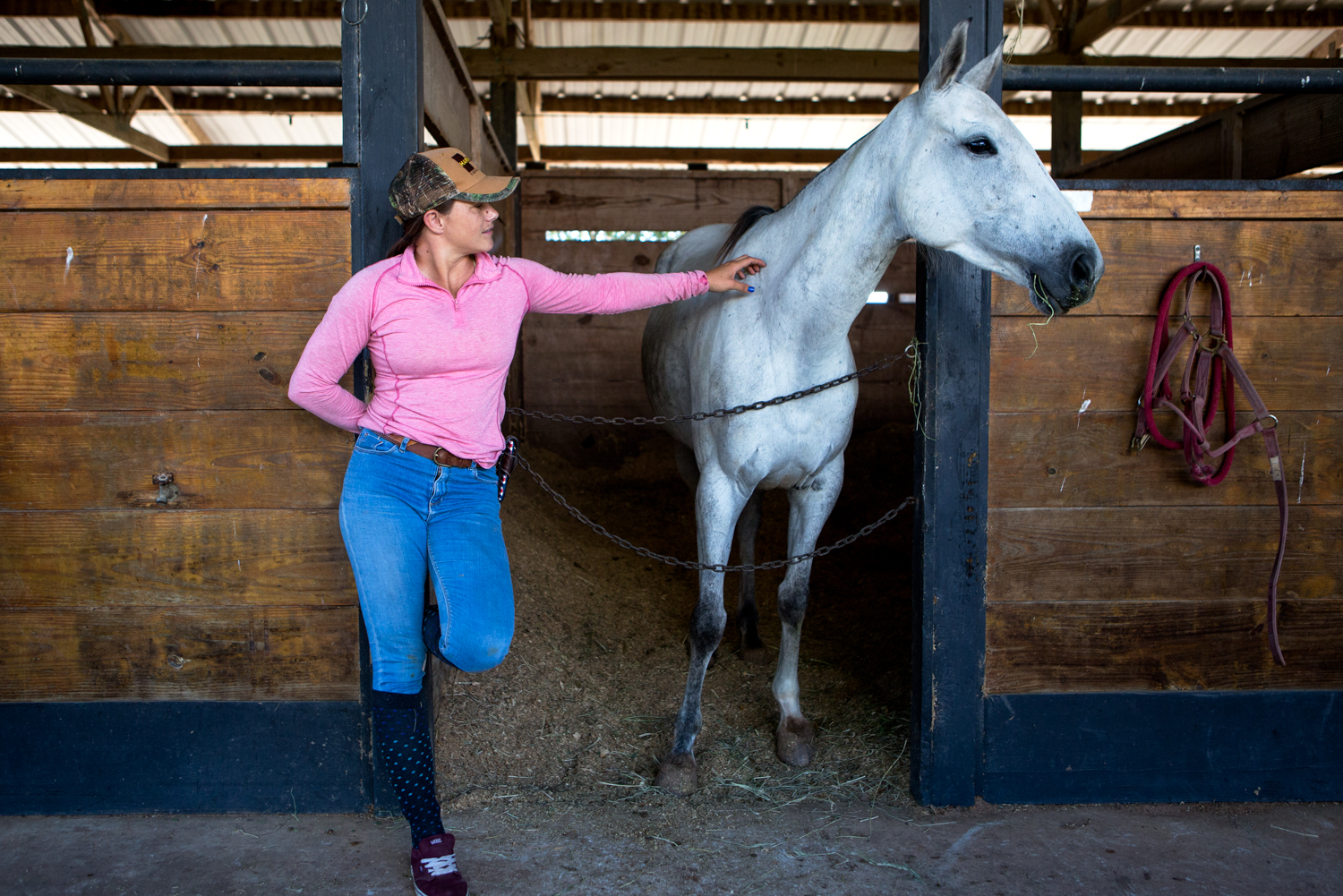 Tiamo Hudspeth has a quiet moment with one of the polo ponies she works with in her temporary barn during Houston’s spring polo season. She joined the United States Polo Association (USPA) team six years ago, though she has been playing polo and training horses for much longer.