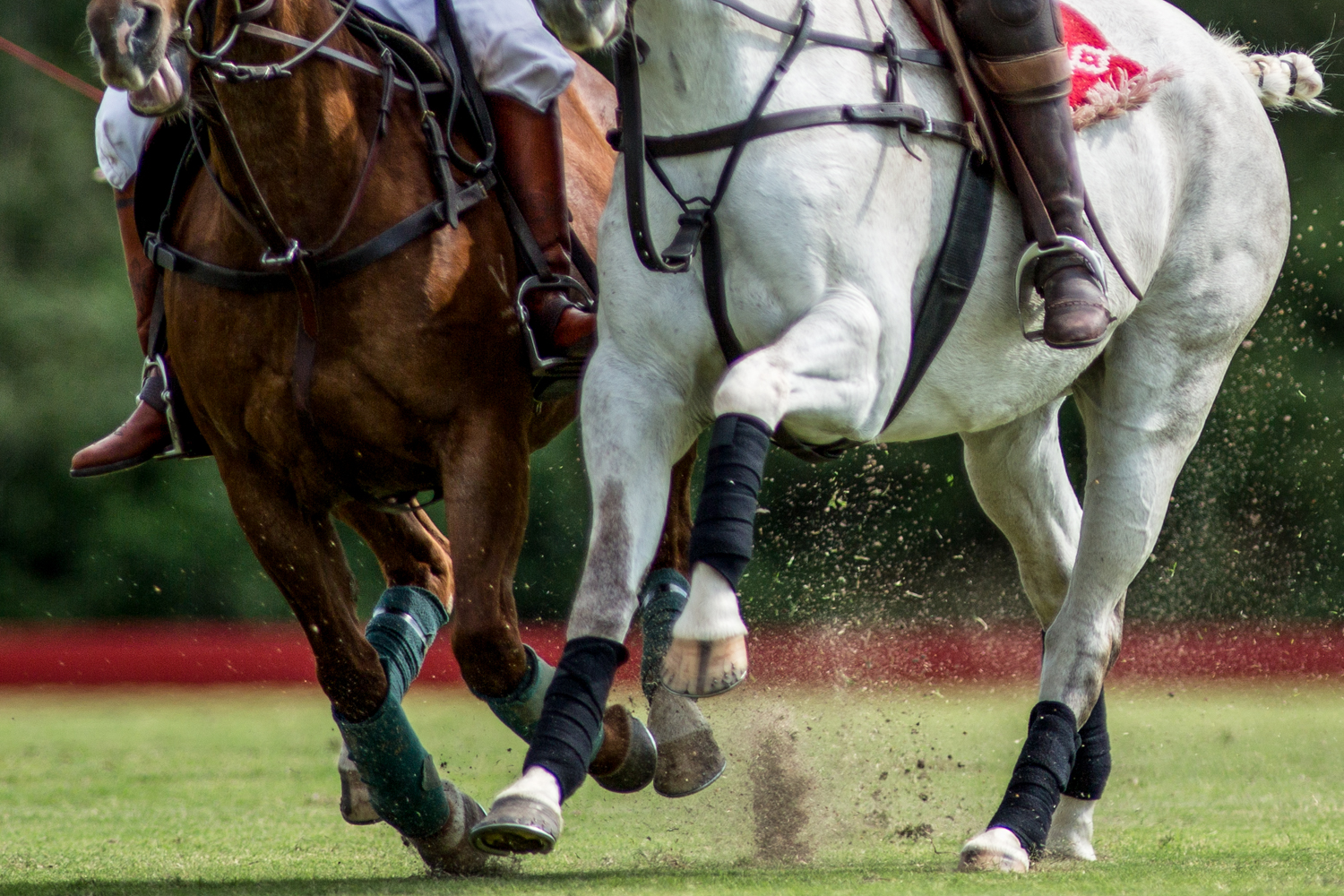 Hudspeth riding off her opponent during a match at the Hosuton Polo Club. A player's opponent can ride up next to them, called a bump or ride off, to spoil their shot or remove them from the play, but the angle of contact must be no more than 45 degrees to prevent accidents and injuries.