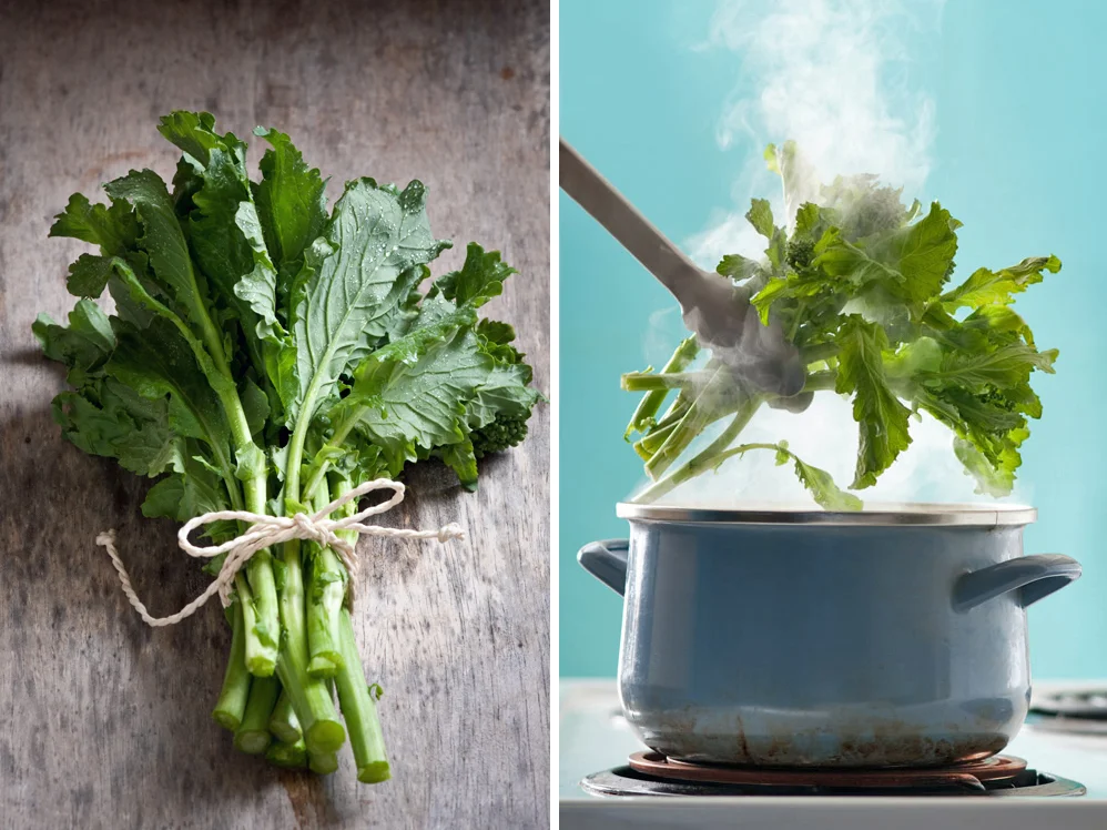 fresh bunch of rapini greens and steaming pot