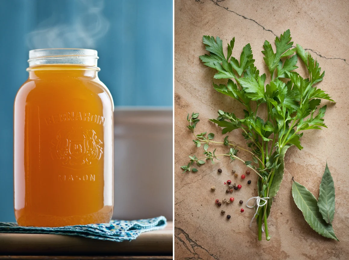 steaming jar of homemade chicken stock and bouquet garnis