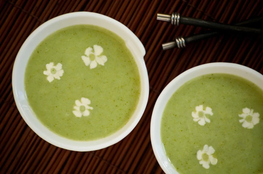 broccoli soup with flower garnish