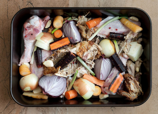 Roasting the ingredients for a stock.