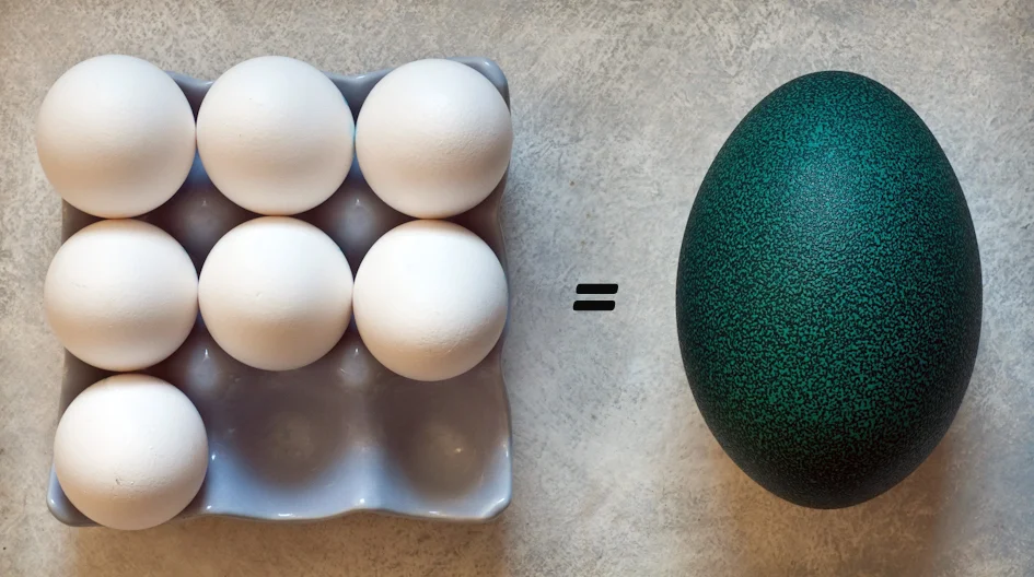 7 extra large chicken eggs = 1 emu egg