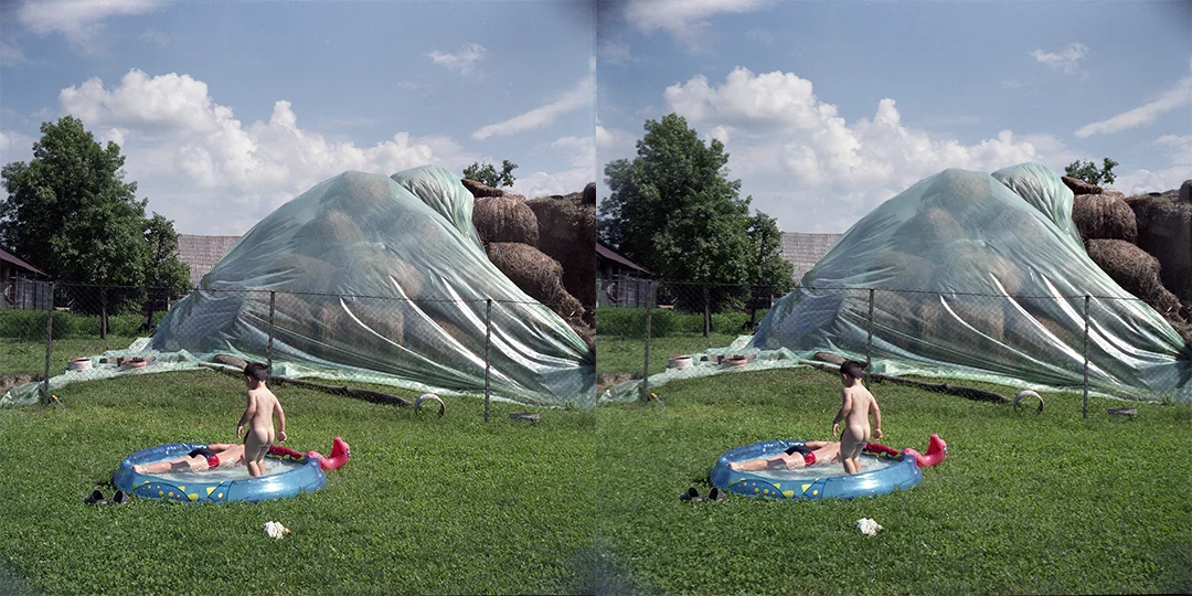Backyard pool and haystacks