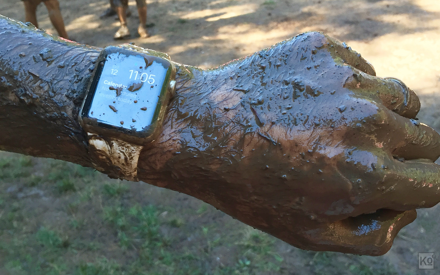 At the top of this review, I included a photo of my Watch in action at my local climbing gym. One of the main reasons I chose the more expensive stainless steel Apple Watch over the aluminum-based Apple Watch Sport was the former’s inclusion of essentially scratch-proof sapphire cover “glass” (it’s technically crystal, but cover crystal sounds like a karaoke bar). Knowing that I’d want to use my Watch while climbing, scratch-resistance was an important consideration and, four-plus months in, I can report zero scratches on the sapphire. In addition, as the photo directly above shows, Apple Watch can take quite a bit of punishment. This was snapped at the finish of a Warrior Dash event , during which I repeatedly submerged my Watch into mud pools of varying viscosities. While it did lock me out on a couple of occasions because mud lodged between my wrist and the Watch’s heart rate sensors (this made the Watch think that I had taken it off), it nonetheless logged my entire run and worked perfectly after a quick rinse.