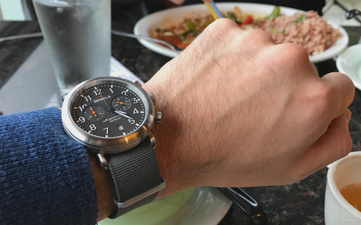 Here’s the watch I fell in love with at first sight on a fateful night in November: The 41 mm Shinola Runwell Chrono with a cool grey dial and brushed stainless steel case. The Apple Watch feature I used most frequently was its countdown timer to time the steeping of my morning cup of tea and my afternoon cup of joe (brewed via a French press). As someone who knew nothing about watches at the time, I never even considered that an analog timepiece could fill that role without forcing me to perform mental gymnastics until I encountered the beautiful Runwell Chrono. I should note that the watch is shown here on a killer aftermarket NATO strap from a company called ToxicNATOs —at just $18 USD, it was an incredibly cost effective way to personalize the watch to suit my style.