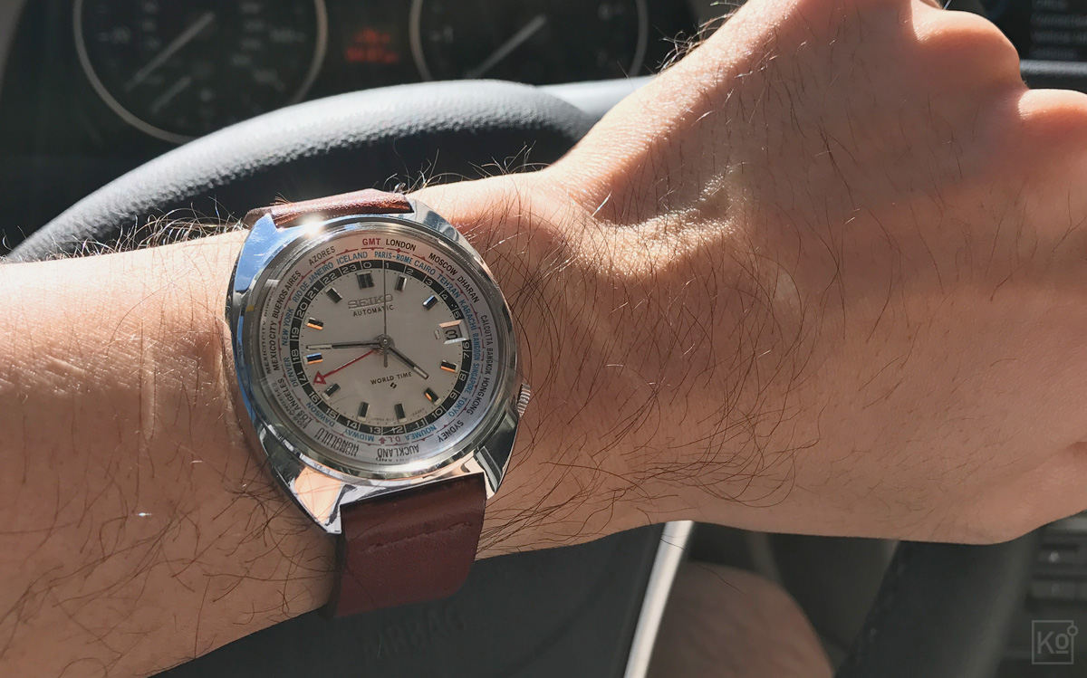 Of the automatic watches I’ve purchased since falling headlong into the world of mechanical watch enthusiasm, this is my favorite: The Seiko 6117-6400 World Time circa 1972 (for the strap junkies in the house, it’s shown here on a dark clay calfskin strap from Hodinkee ). I managed to find this gem via a site called Watchuseek , which features an incredibly popular forum for veteran and aspiring watch geeks alike. Rather than going into detail on the 6117-6400 here, I’ll direct anyone who’s interested to an excellent backgrounder published by yet another fantastic site for watch enthusiasts called Analog/Shift. I can’t help but smile every time I look at this beauty—it just makes me feel good, and that’s the real job most anyone buying an analog watch today is hiring it to do.