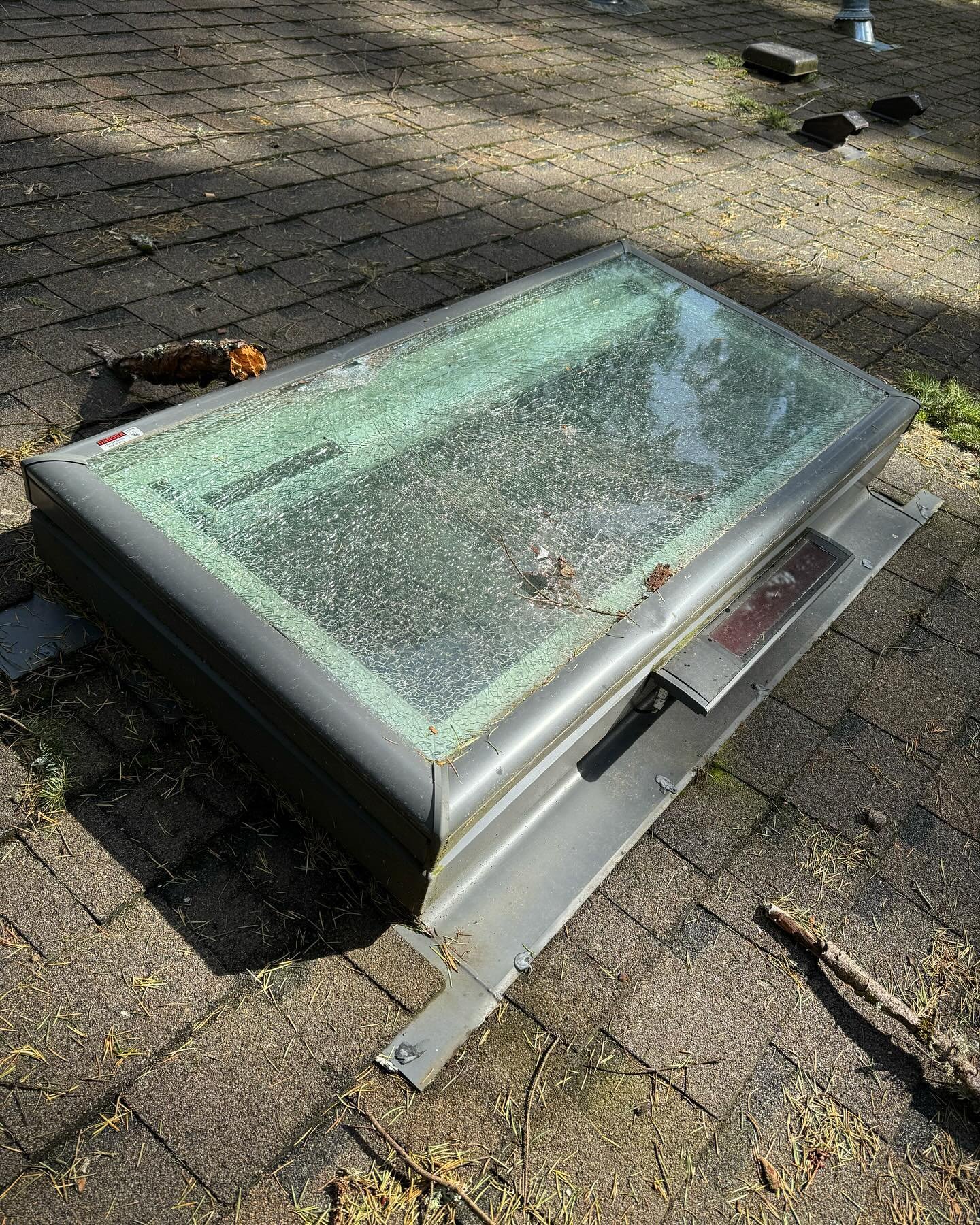 We finally got the electrical issues from January&rsquo;s ice storm sorted this week, and then this happened during Saturday&rsquo;s wind storm!

A tree limb landed on one of our skylights, completely shattering the glass. It certainly could have bee