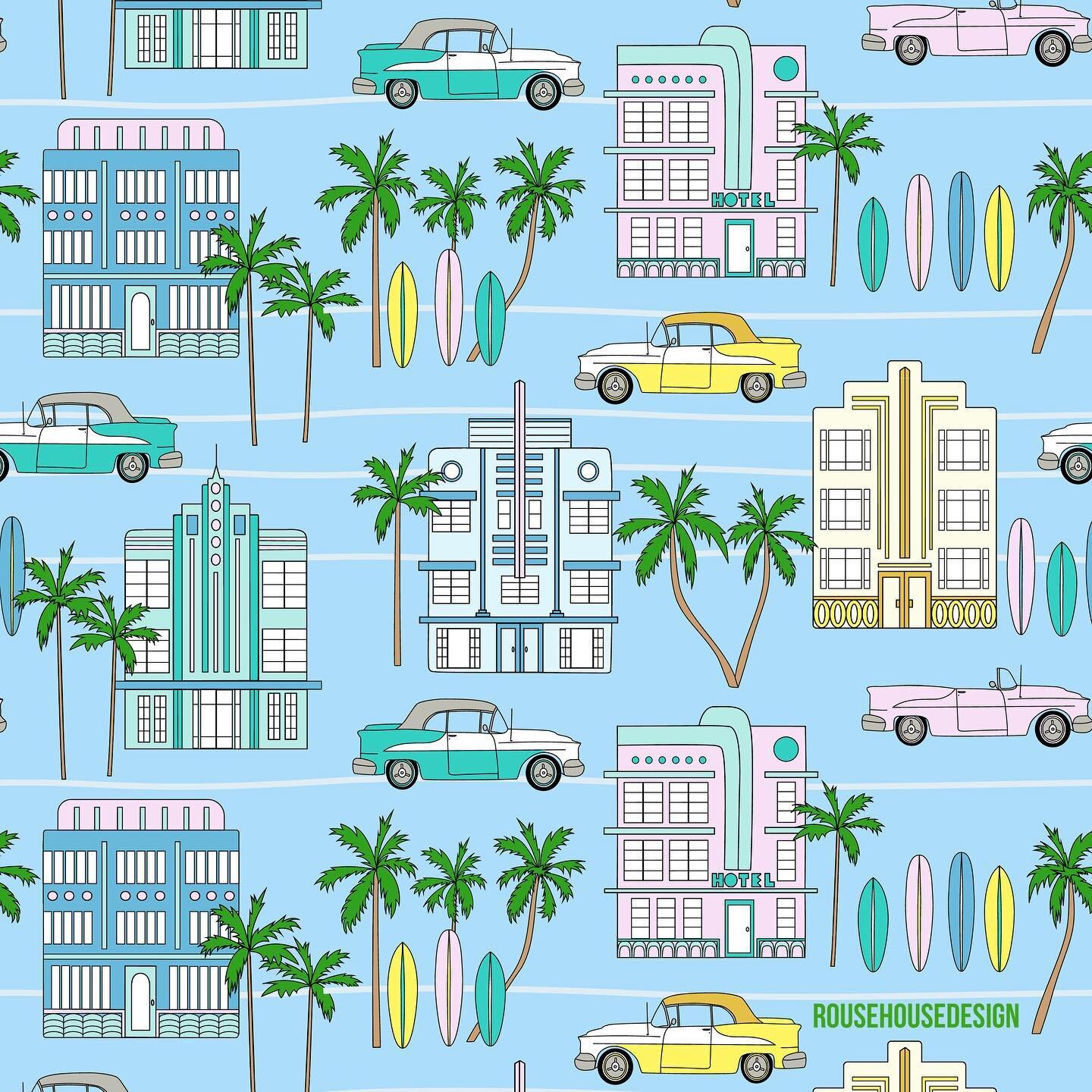 A section of my Deco Drive repeating pattern. Seems like the best way to enjoy Miami Beach during spring break these days is from a distance. Stay safe my friends ✨💛☀️