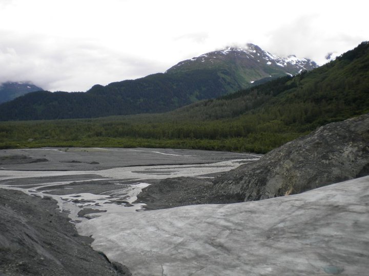 Exit Glacier 2010--the viewpoint used to be where you see the river below. The viewpoint has now moved 1/2 mile up the trail on the mountain (elevation hard to make out from this angle)