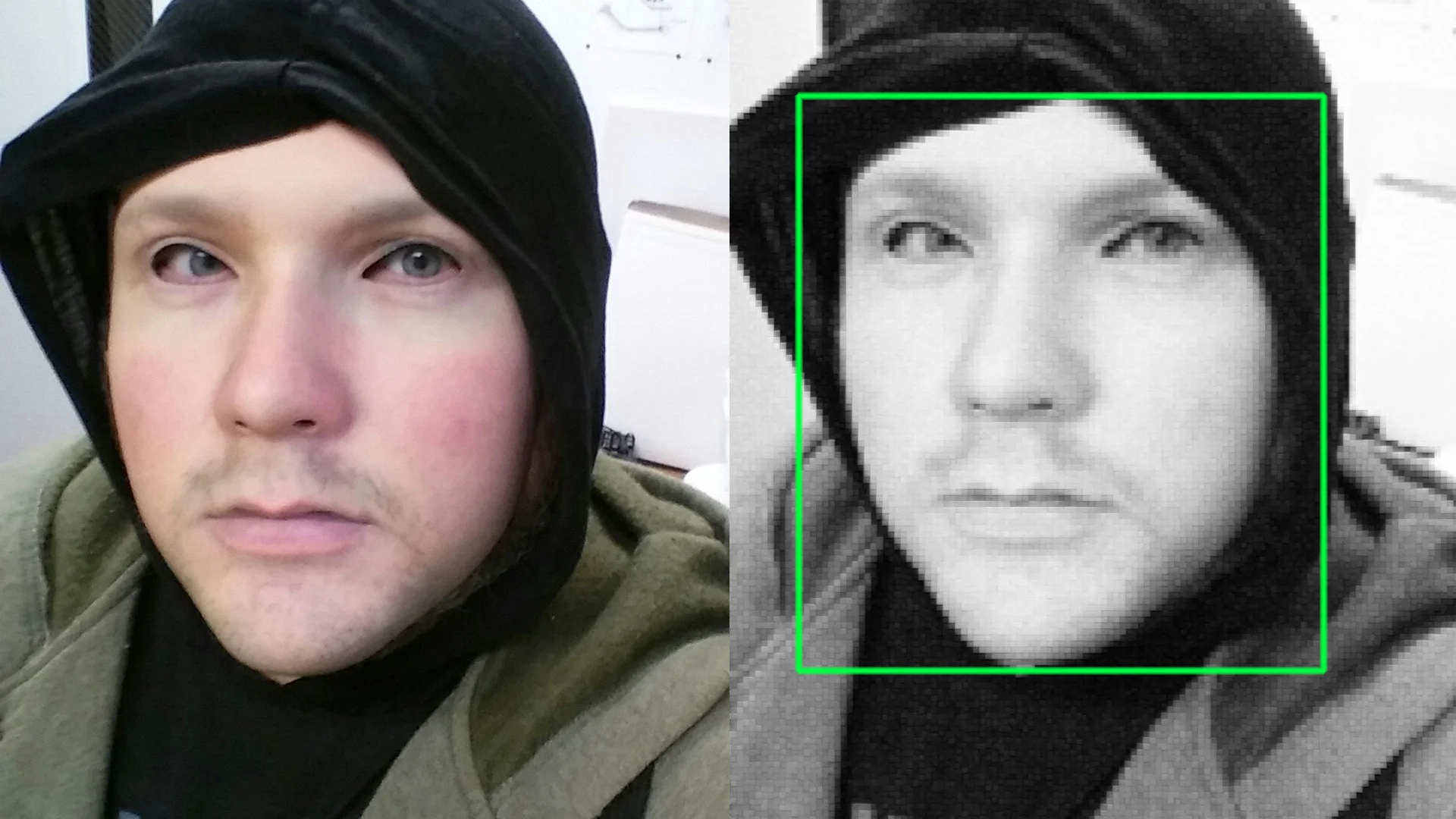 Left: How a human sees the prosthetic. Right: camera's perspective
