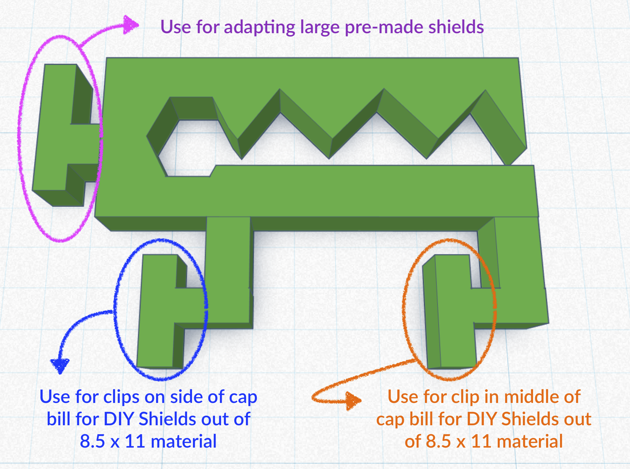  Version 2 of 3D printed clip, which allows for smaller DIY shield material to be used by using the inset hooks 