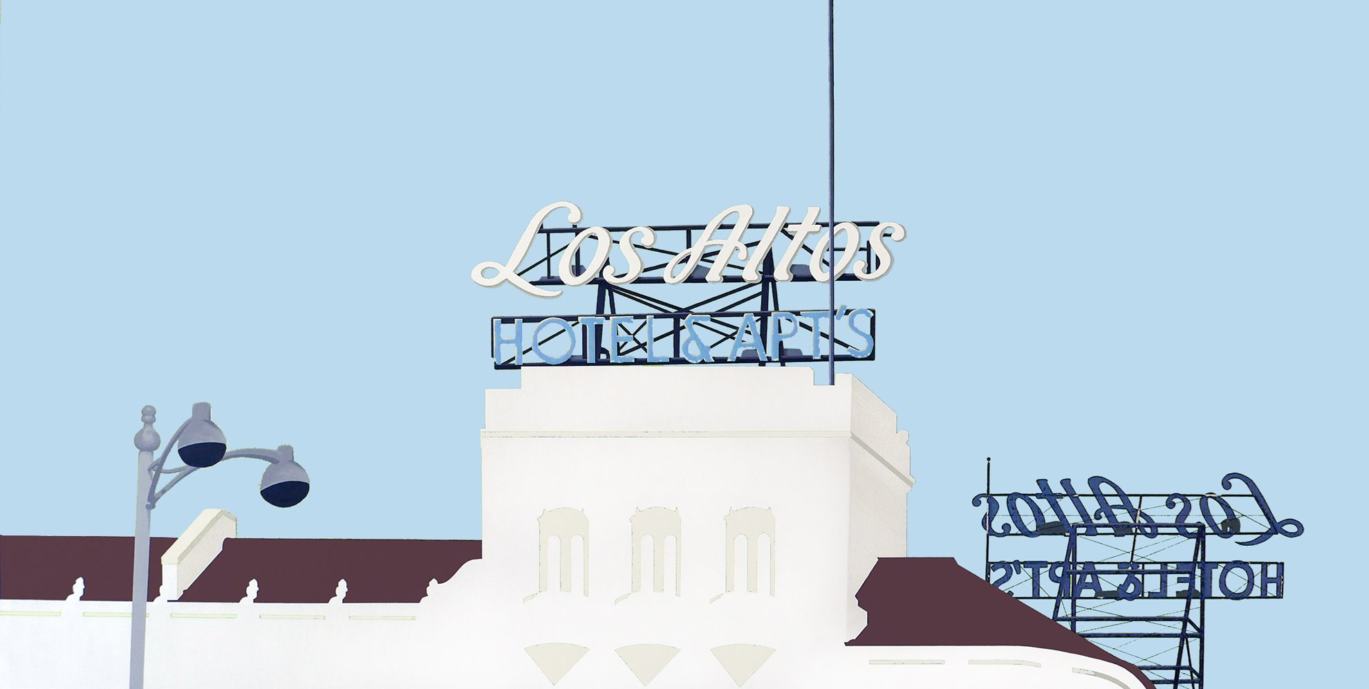 Painting of a sign for Los Altos Hotels and Apartments against a clear blue sky, with a street lamp nearby.