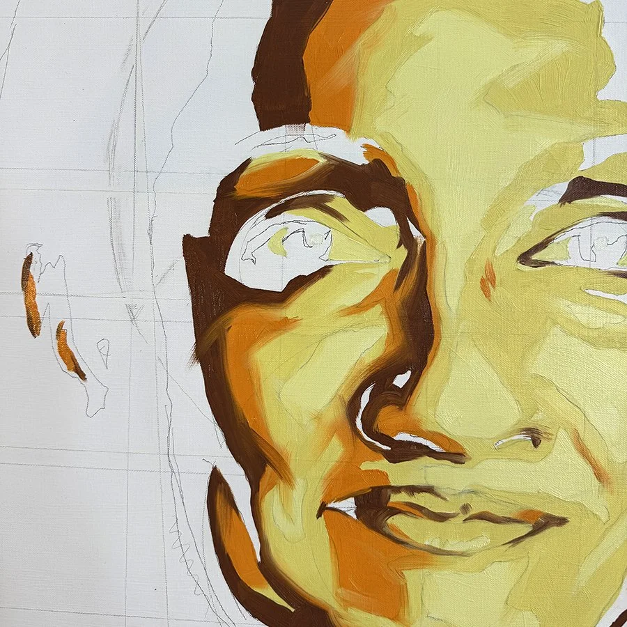 Partial portrait of a person's face in progress, painted with yellow, orange, and dark brown tones, with some pencil sketch lines visible.