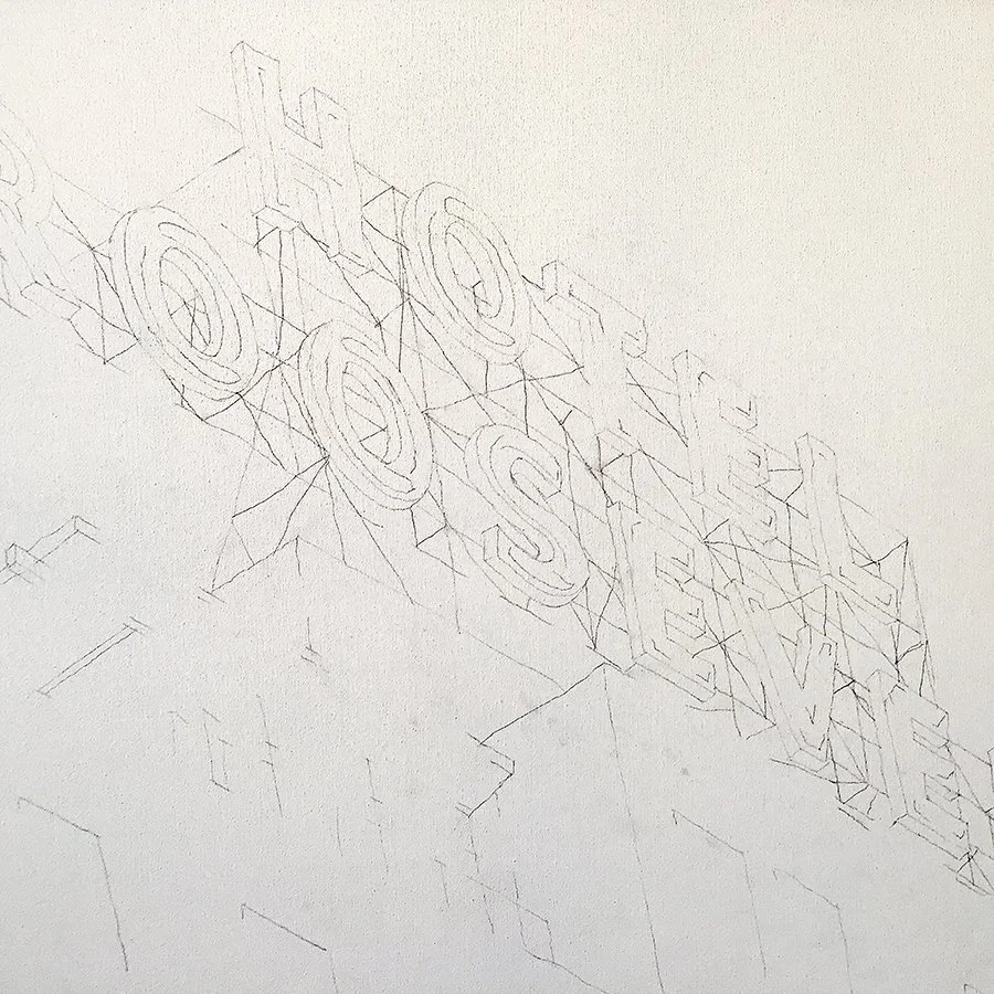 Sketch of the Hollywood Sign on a hillside with drawn outlines and perspective lines.