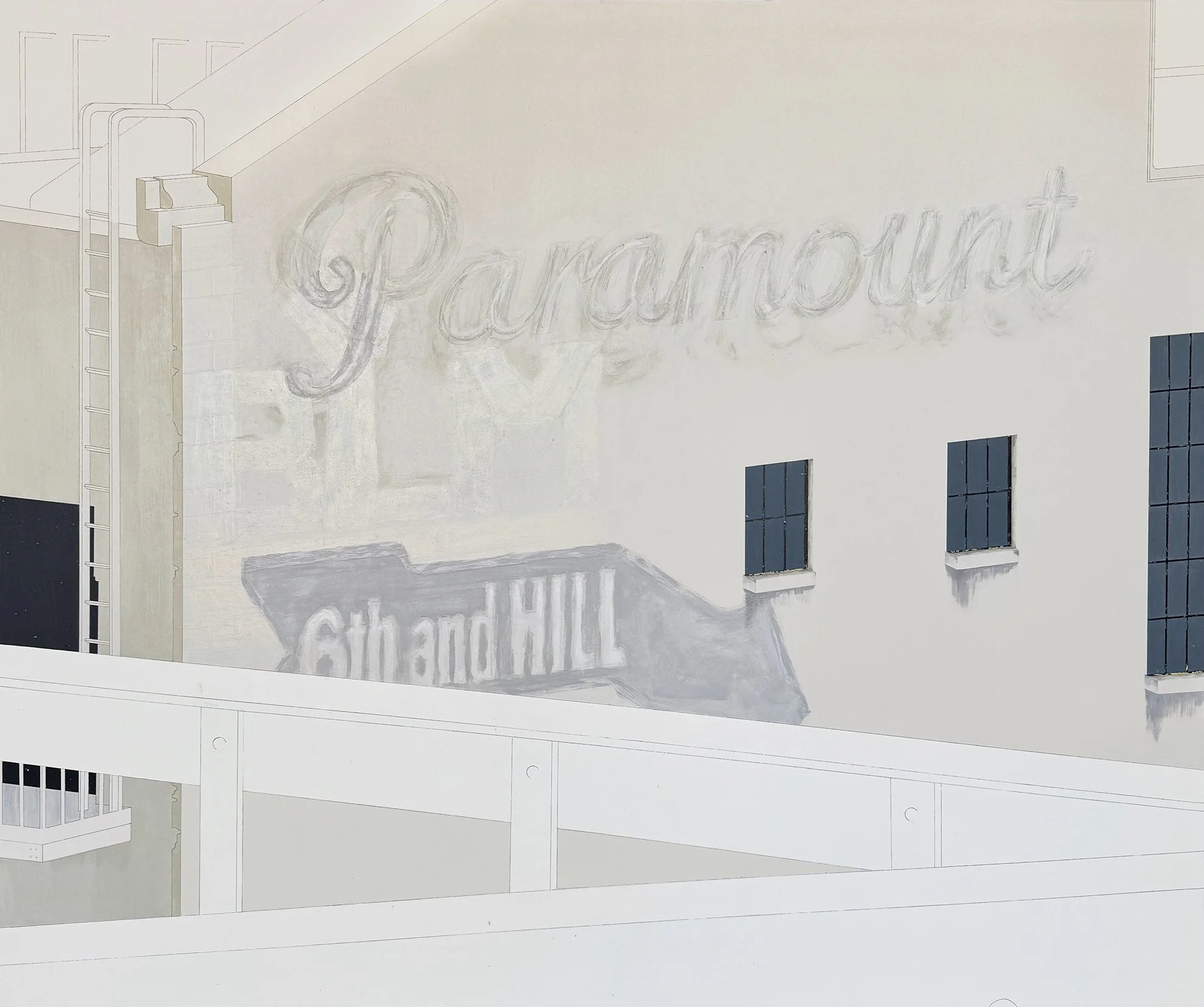 Architectural blueprint of a building exterior with the word 'Paramount' in cursive, visible on the facade of the building.