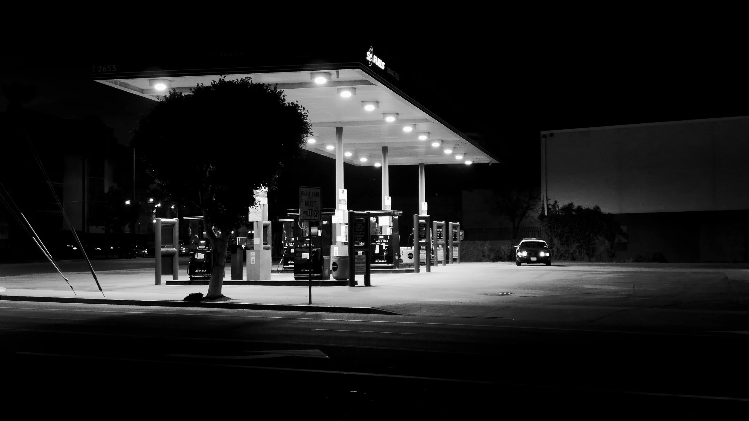 A gas station at night with illuminated pumps under a covered canopy and a dark sky. There is a car near the pumps and trees nearby.