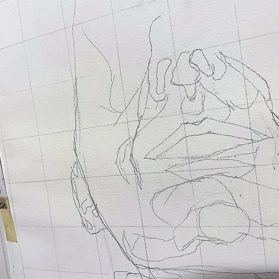 Line drawing of a woman's face, focusing on the side profile, with glasses, completed on graph paper.