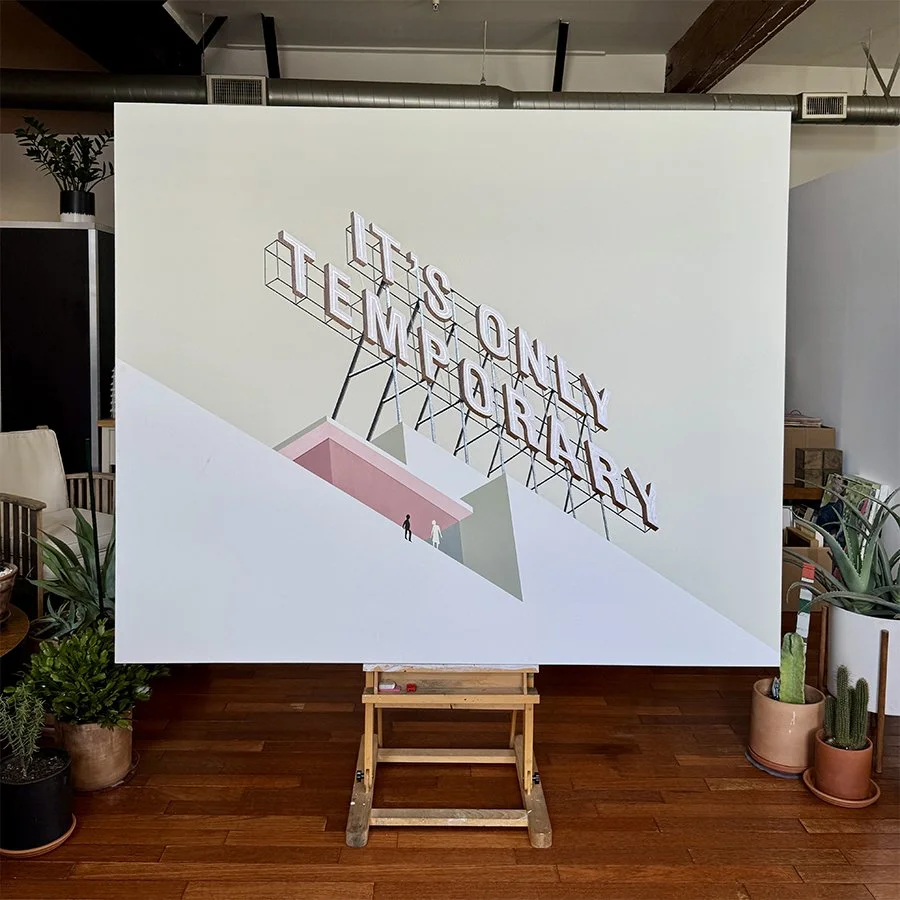 Large artwork depicting a stylized sign that reads 'It's Only Democracy' with a geometric design, situated on a sloped hillside with two small human figures at the bottom.