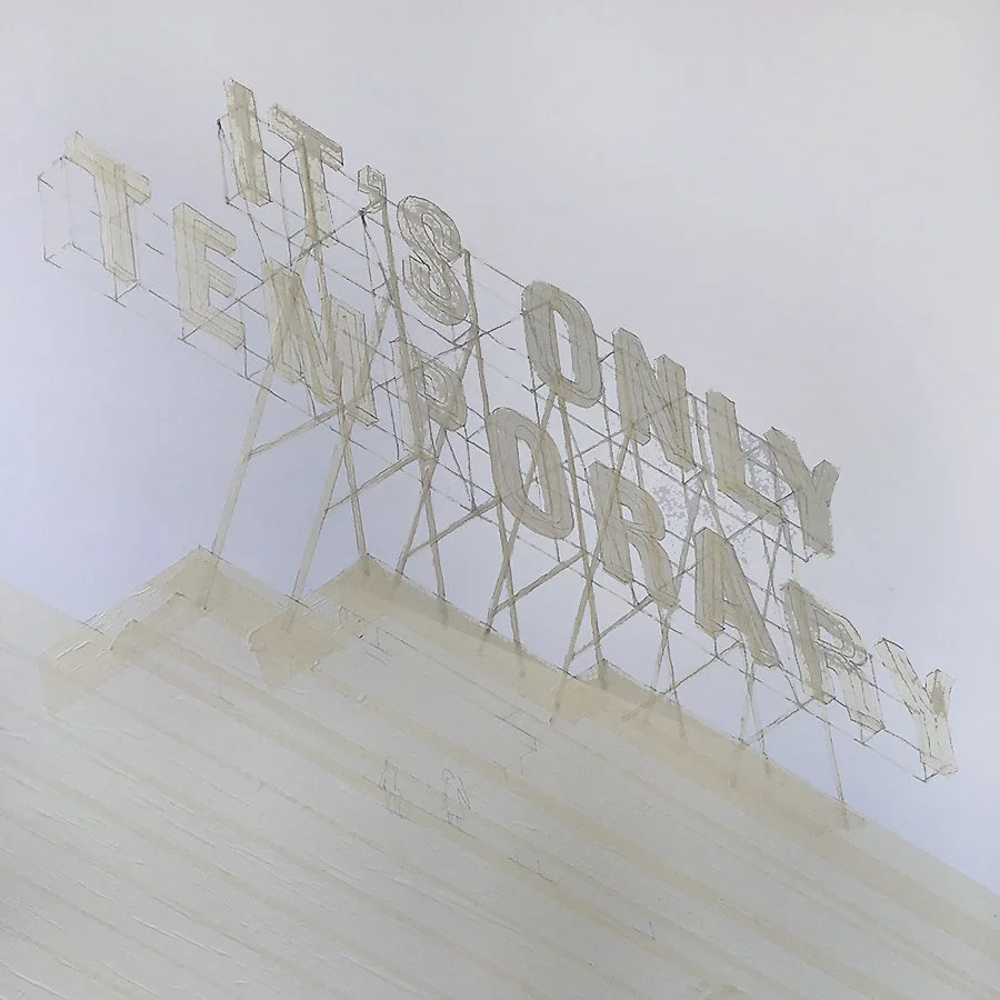 A neon sign displaying the words "TOO ONLY TEXAS & HOUSTON" in a wireframe structure, viewed from below against a cloudy sky.
