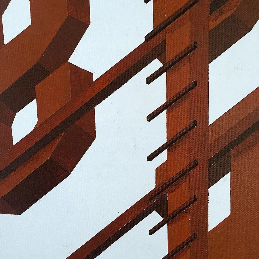 Close-up of a brick building with protruding black metal rods and small ledges.