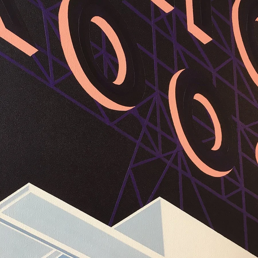 Close-up of a black surface with purple geometric lines and large pink circular designs.