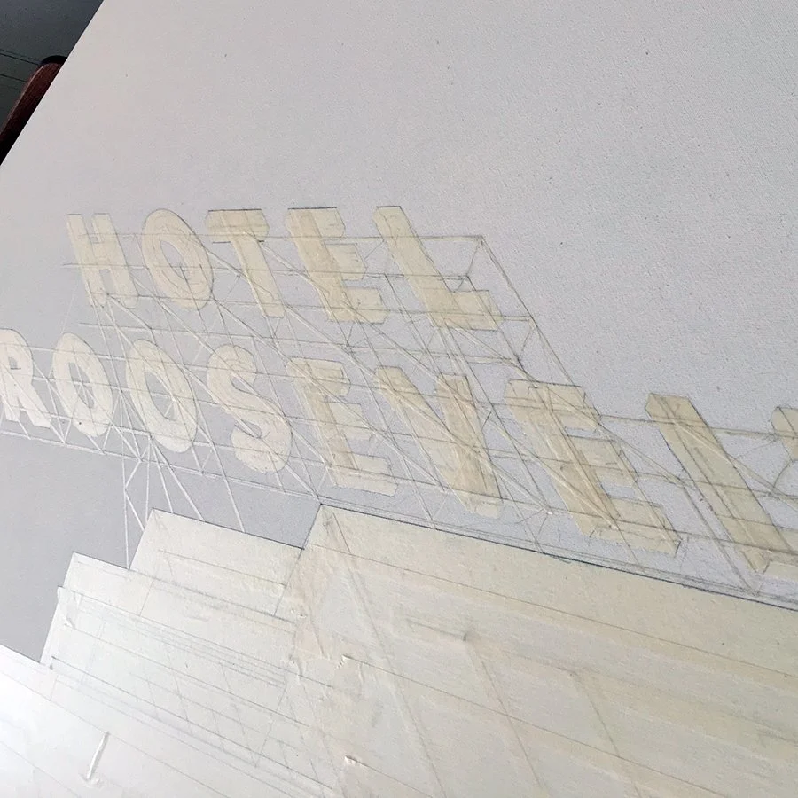 Sketch of a neon sign design for a hotel, showing layered lettering and geometric outlines on a white background.