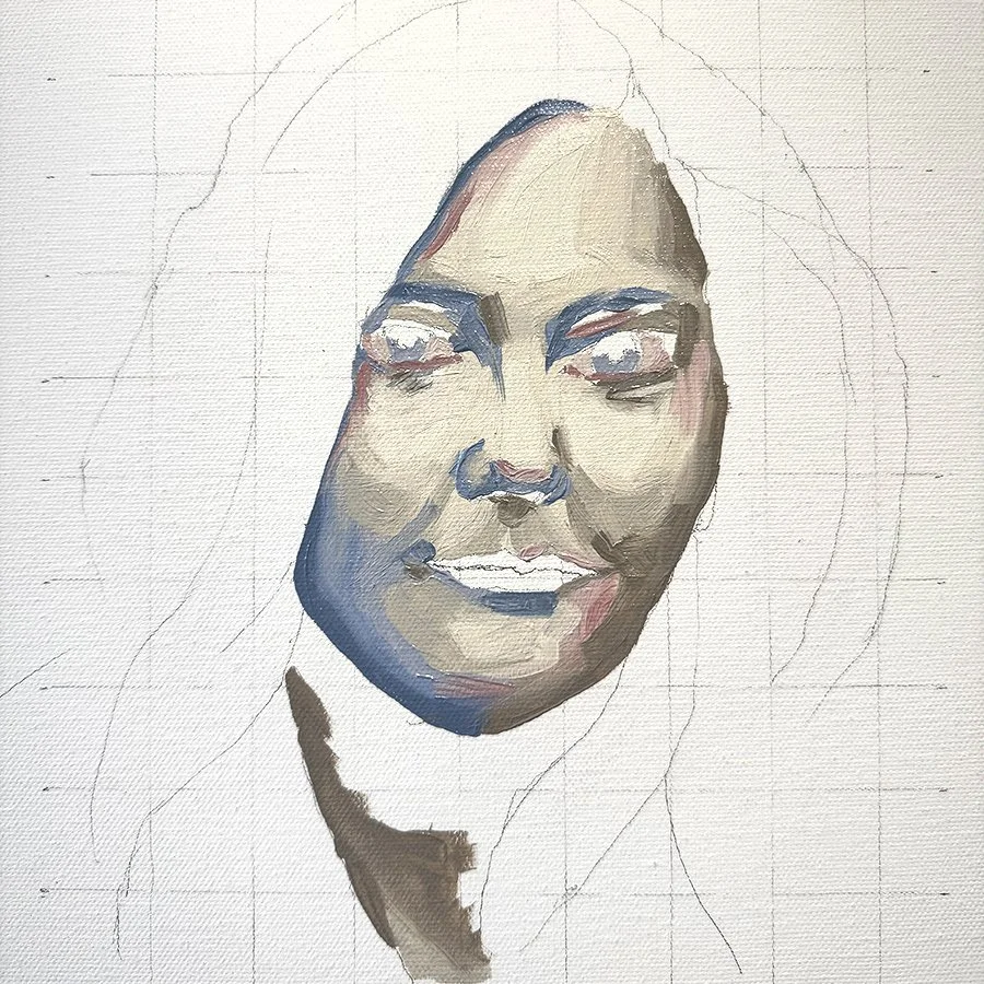 A partially painted portrait of a woman with a smiling expression, with a focus on the face and faint pencil sketch lines around the head.