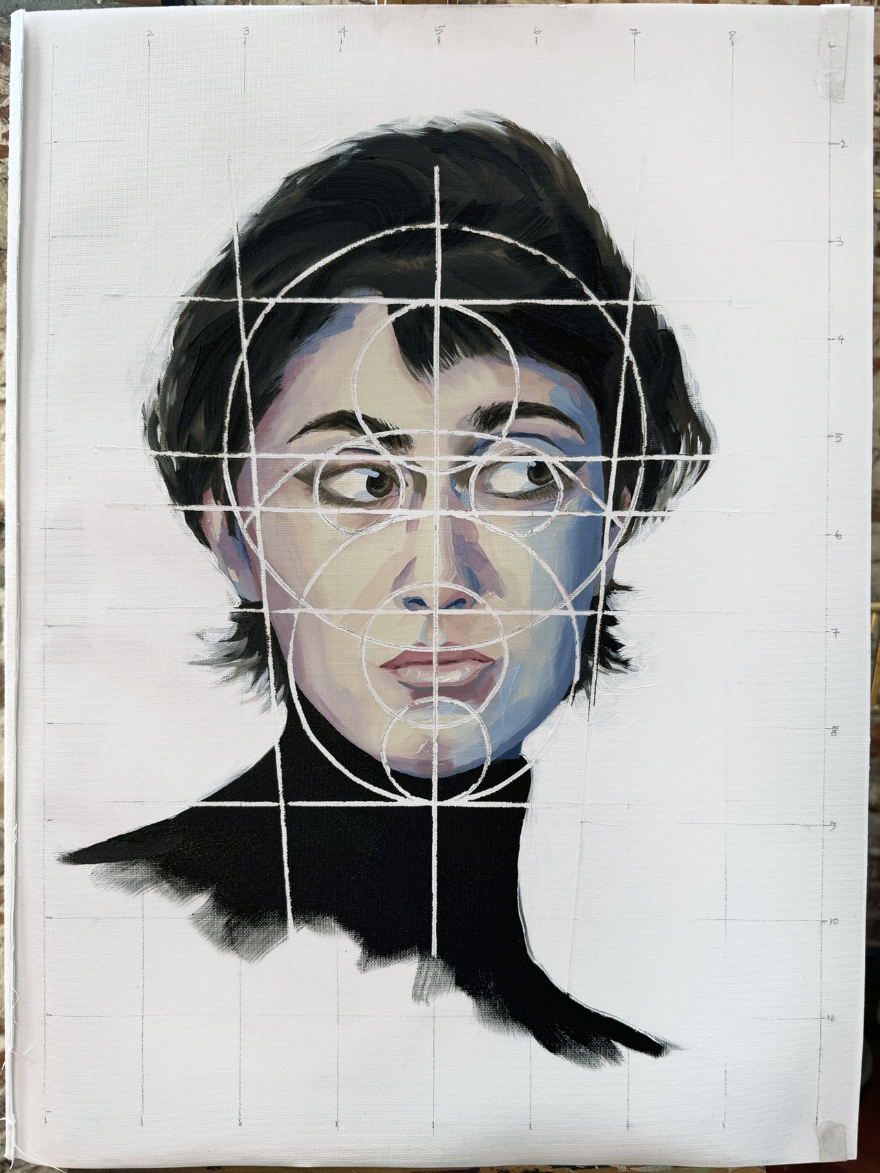 A painted portrait of Rama Duwaji with short, dark hair, wearing a black turtleneck, with geometric circles and grid lines overlaid on the face.