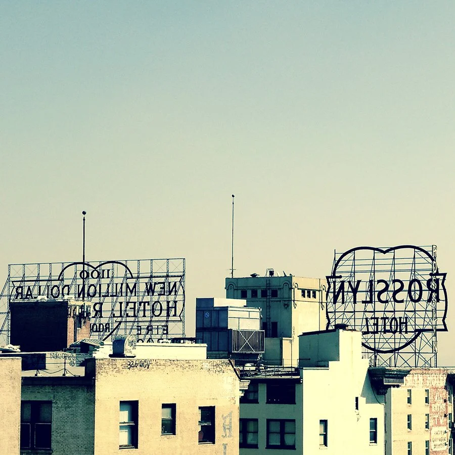 Rooftops of buildings in an urban setting with two large rooftop signs for 'Rosslyn Hotel' and 'New Militon Deli,' and a cloudless sky in the background.