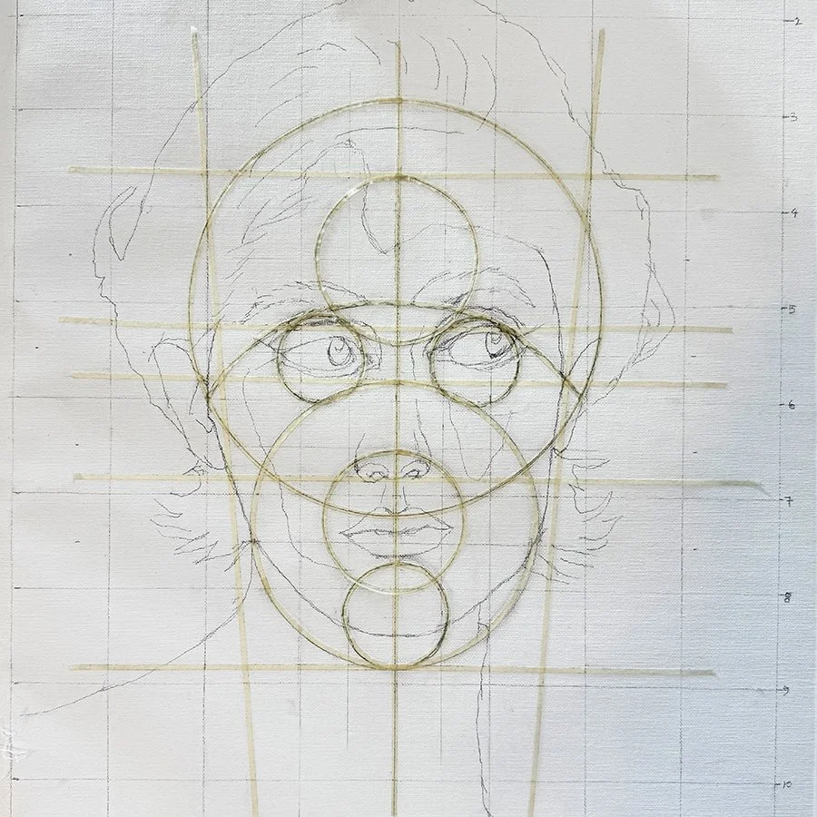Sketch of a human face with construction circles and guidelines for proportions, including eyes, nose, and mouth, on graph paper.