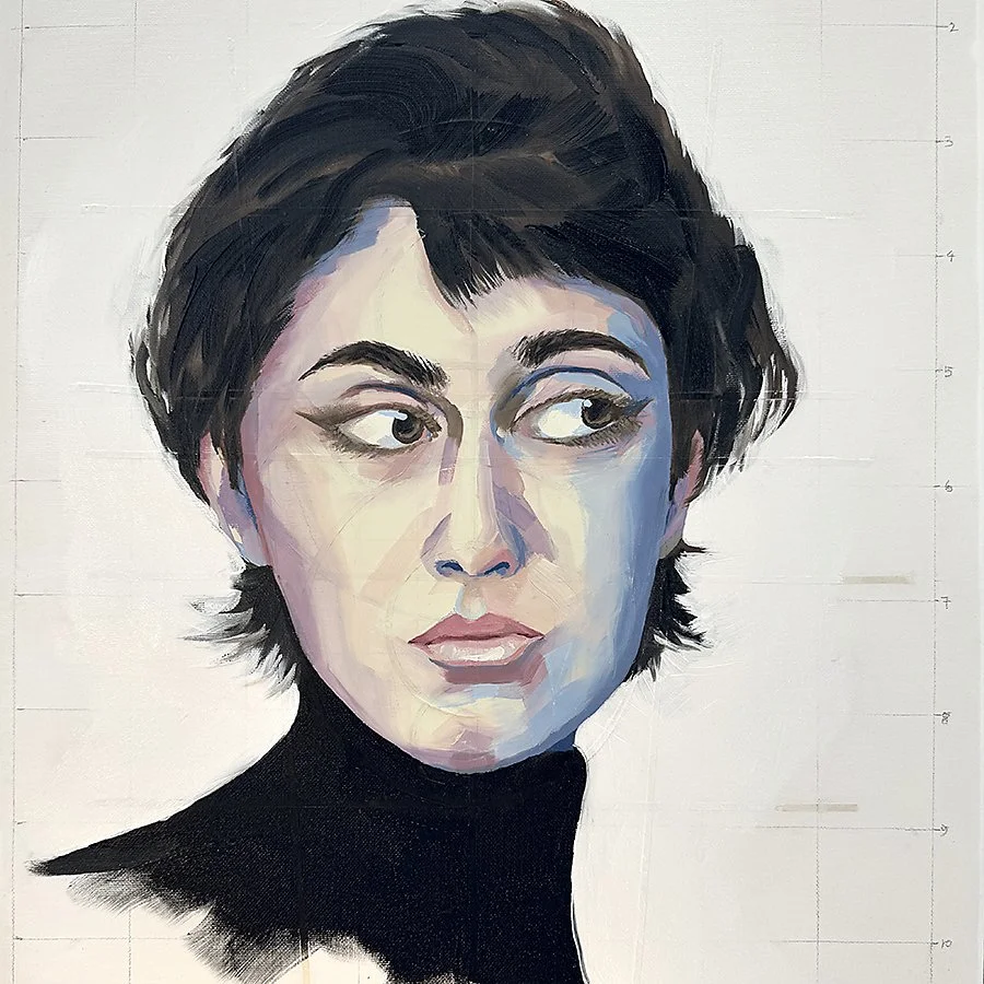 Painting of a woman with short dark hair, wearing a black turtleneck, looking to her left with a neutral expression.