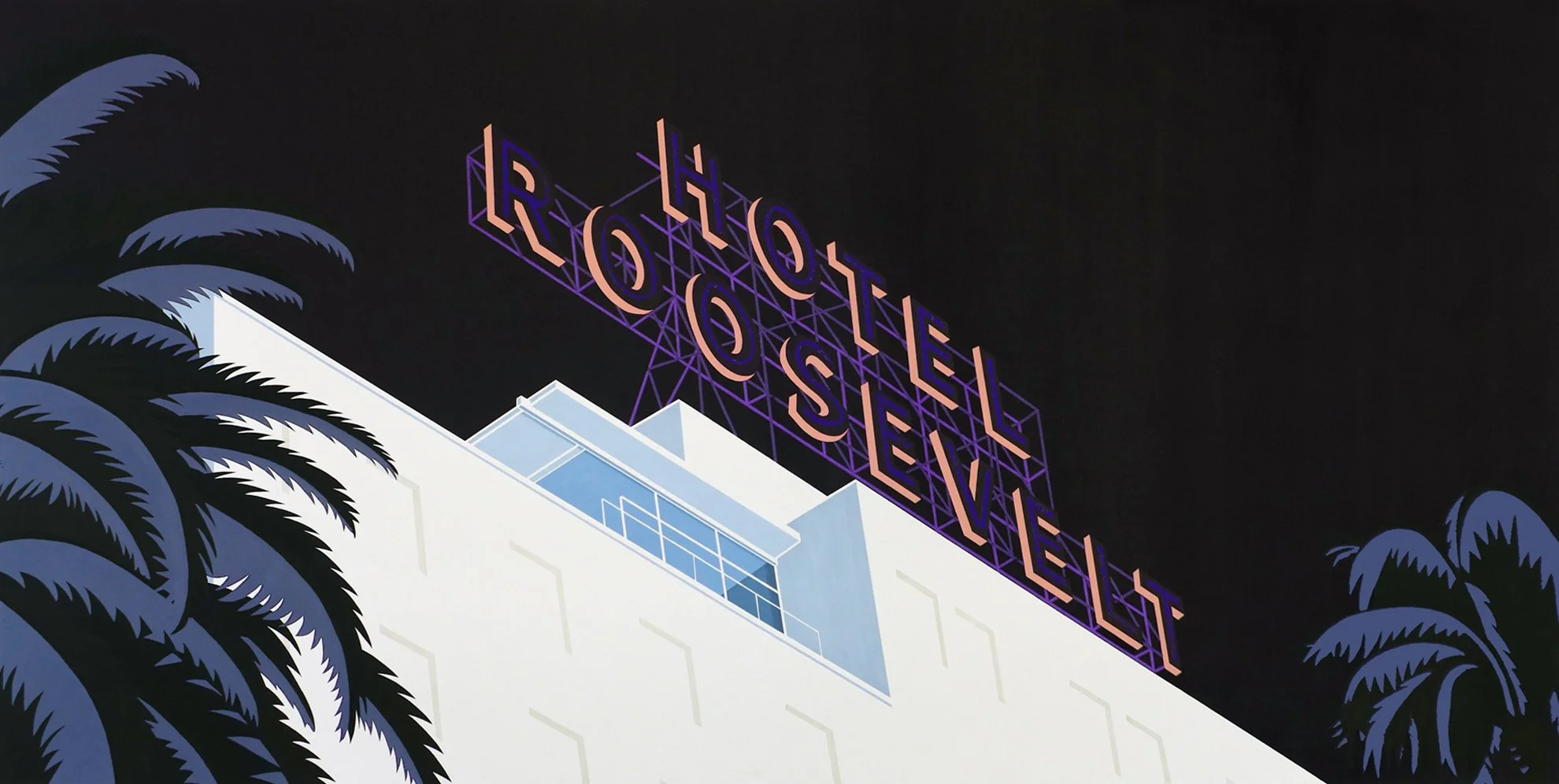 Neon sign reading 'Hotel Roosevelt' against a dark sky, with palm trees in the foreground and a modern white building below.