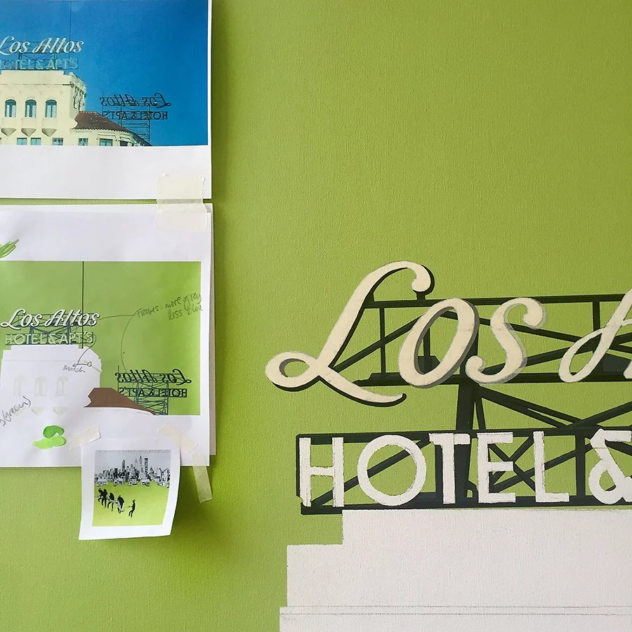 Part of a promotional poster reading 'Los Altos Hotels' and a notice with notes, on a green wall with a 'Los Altos Hotels' sign with graphics of a hotel and a wrought-iron fence.