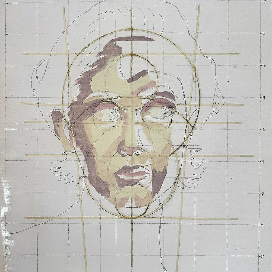 A portrait sketch of a woman's face with detailed facial features and hair, overlaid with construction lines and grid markings.