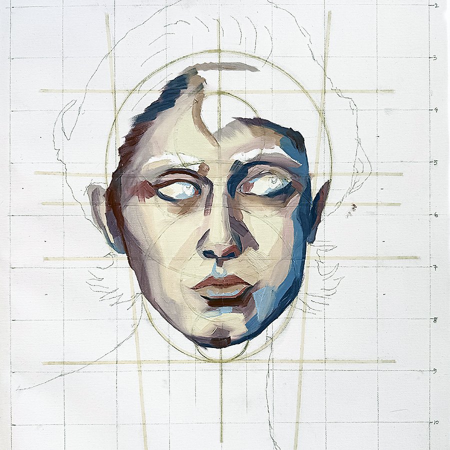 A partially completed painting of a woman's face on grid paper, with visible pencil and paint strokes, showing an artistic process in progress.