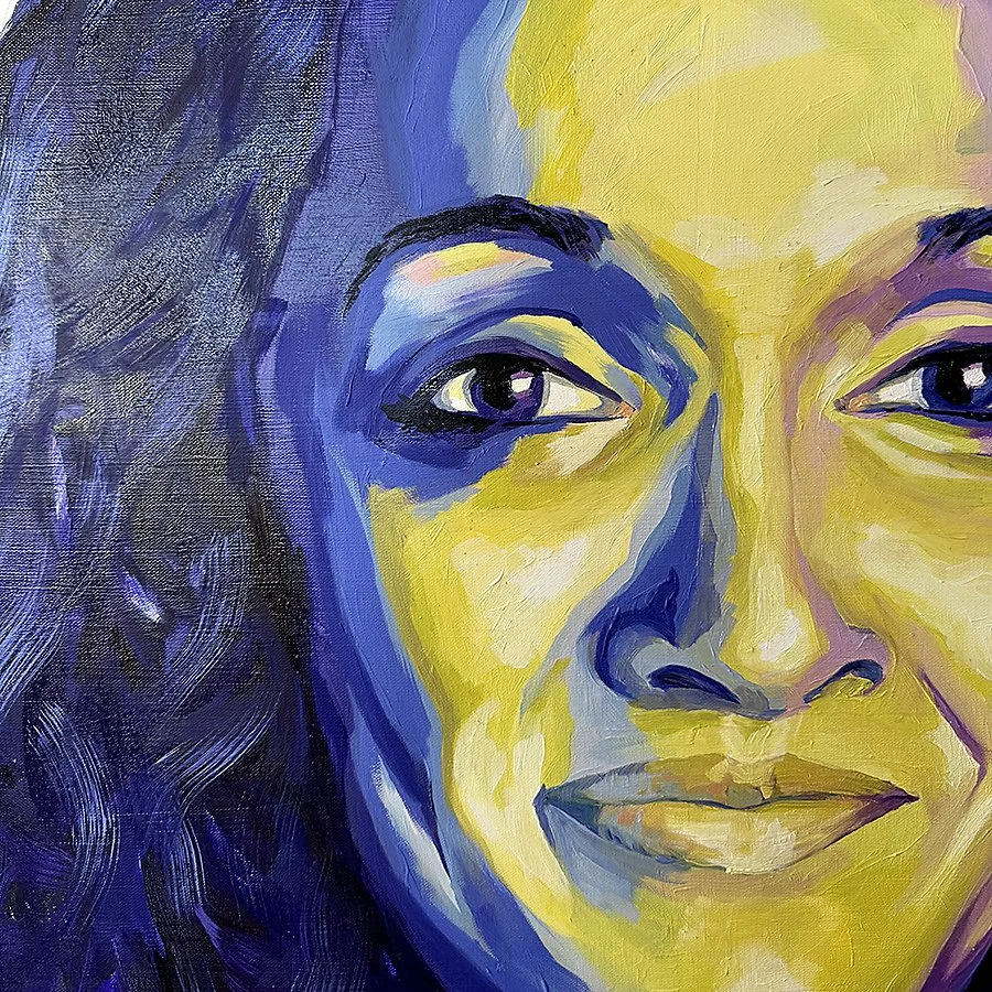 A colorful portrait of a woman's face with yellow and purple tones, featuring detailed eyes, nose, and lips, painted with bold brushstrokes.