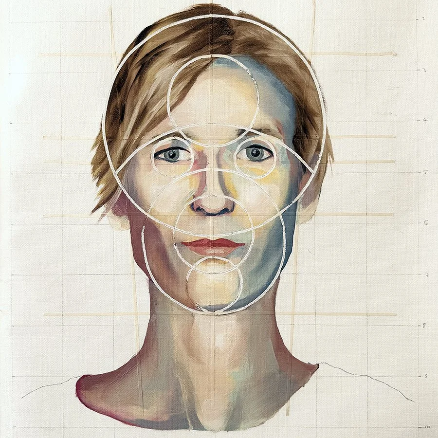 Painting of a woman’s face with geometric circle patterns over it, featuring short hair and a neutral expression.