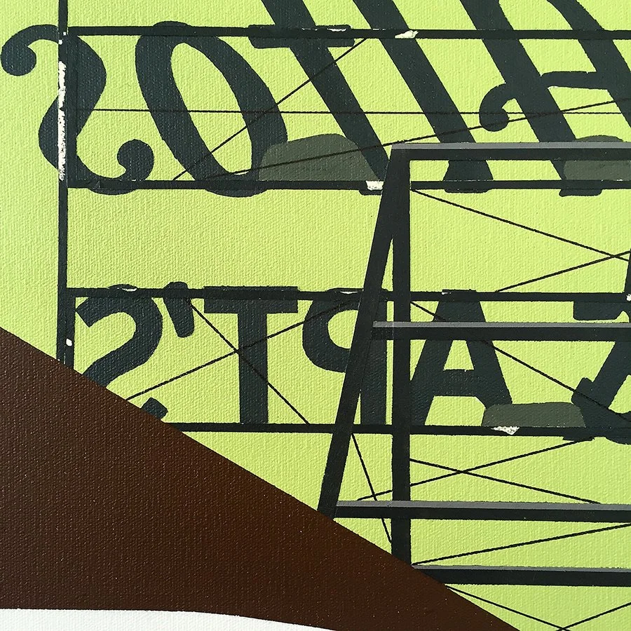 Close-up of a sign with black letters on a yellow-green background, partially obscured by a brown shape, with a black metal frame and support structures.