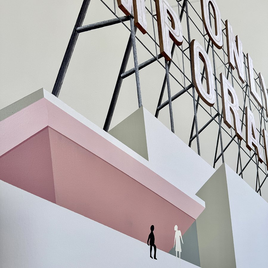 Artist's rendering of two small figures, one black and one white, standing on a large pink and white geometric structure. In the background, there is a large, partially visible sign that says 'PARK'.
