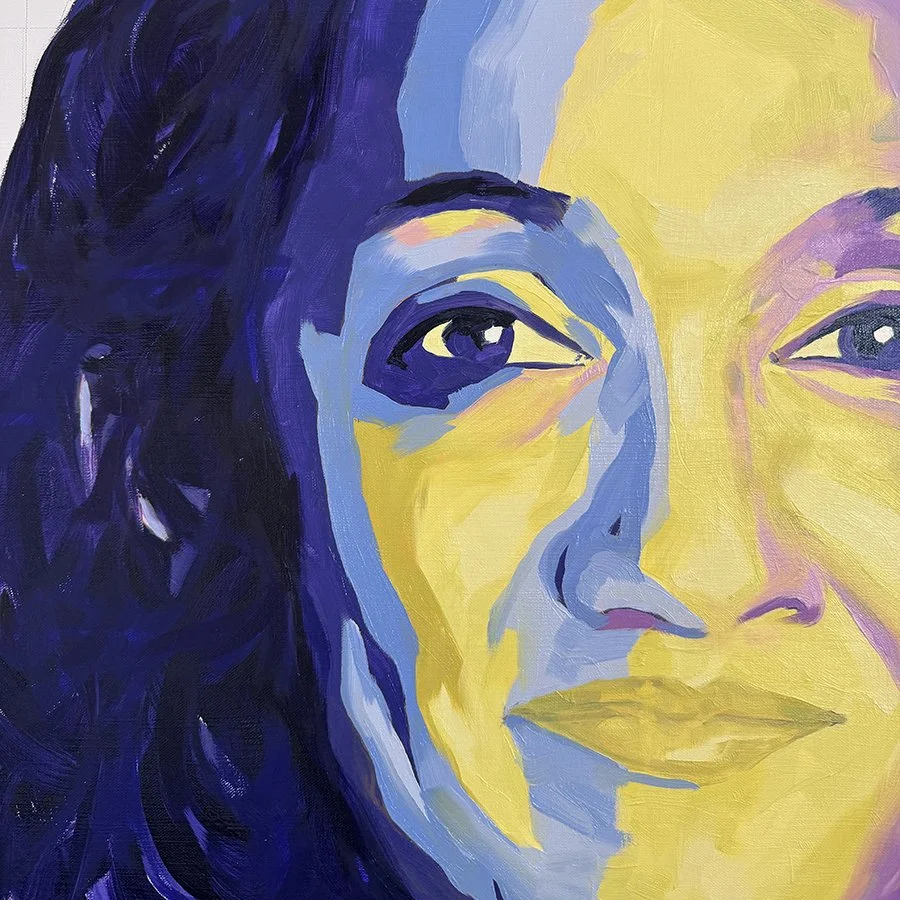 A colorful portrait of a woman with long dark hair, painted with bold strokes and a mix of yellow, purple, and blue hues.