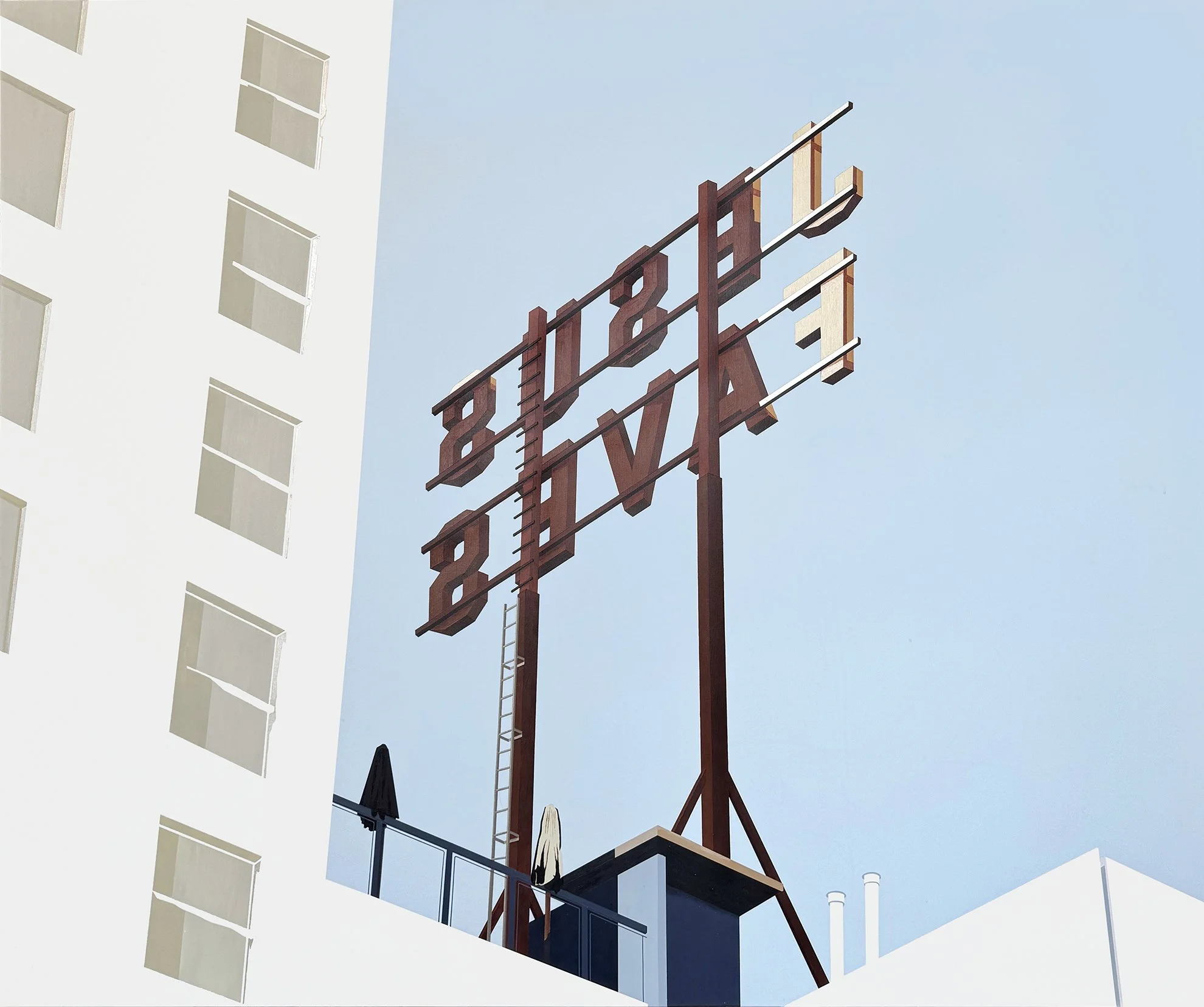 A rooftop with a large metal sign mounted on a support structure, displaying the words 'JESUS FAVES' with decorative elements, under a clear blue sky.