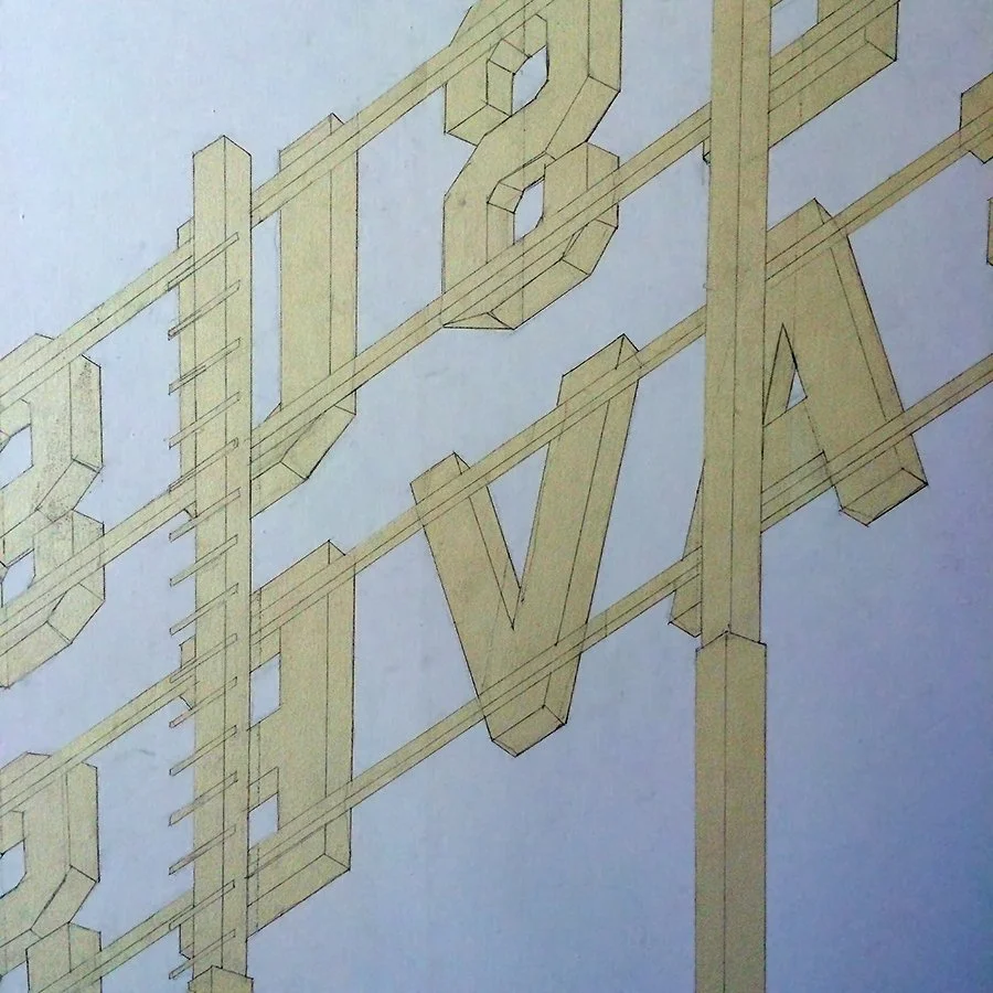 A technical drawing with isometric view of three-dimensional wooden letters spelling 'DIVA' on a blueprint or design sheet.