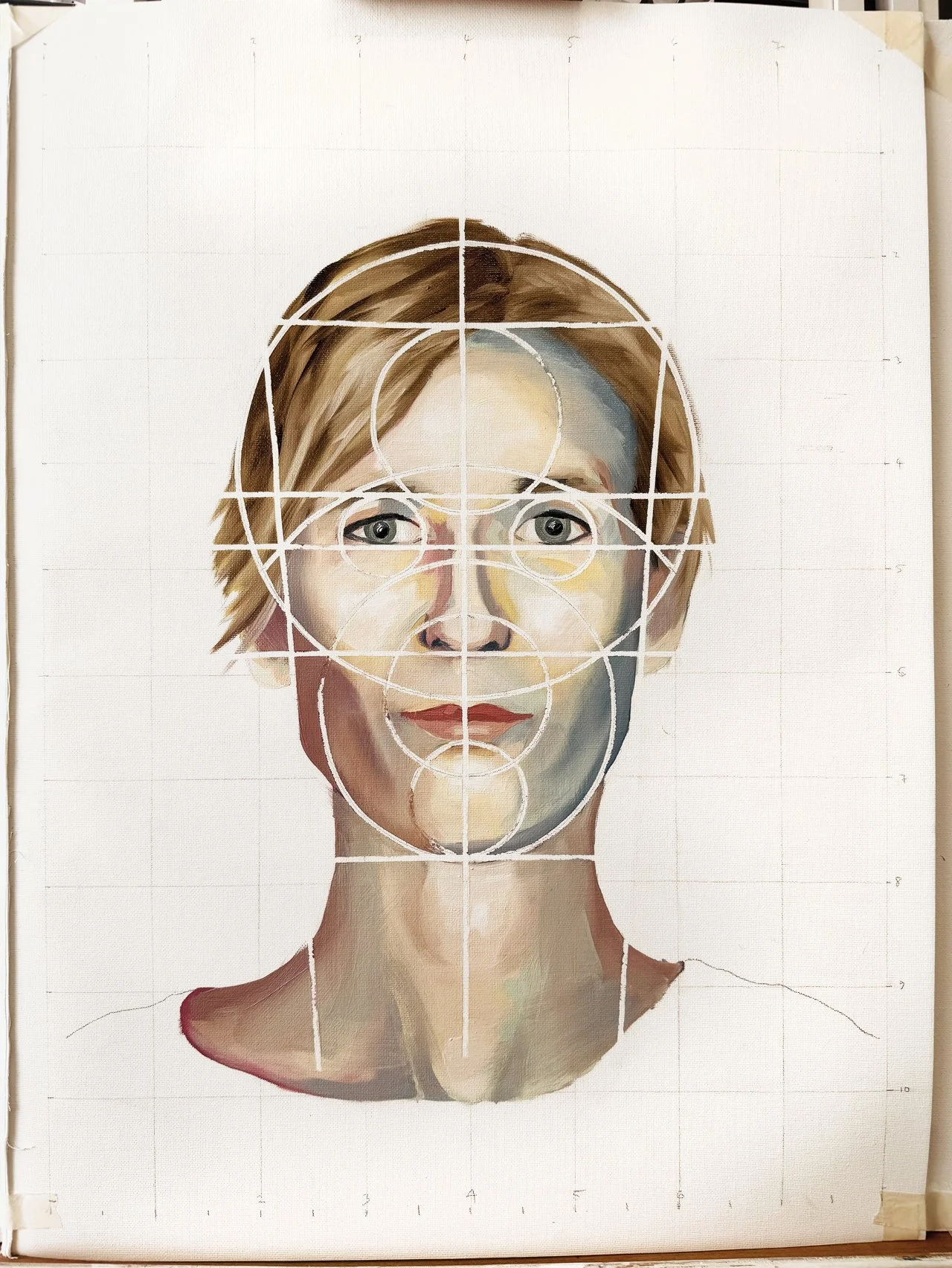 A colorful portrait of the artist, Daisy Tong, with short hair, overlaid with geometric guide lines.