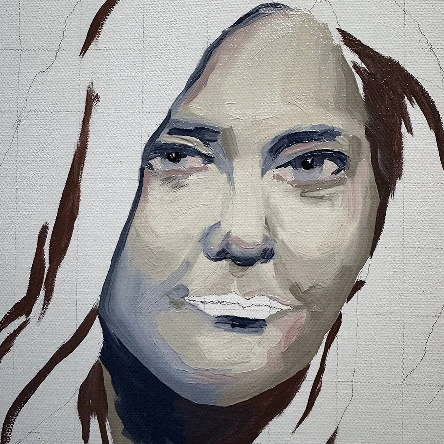 A painting of a woman's face with long brown hair, light skin, and a slight smile.