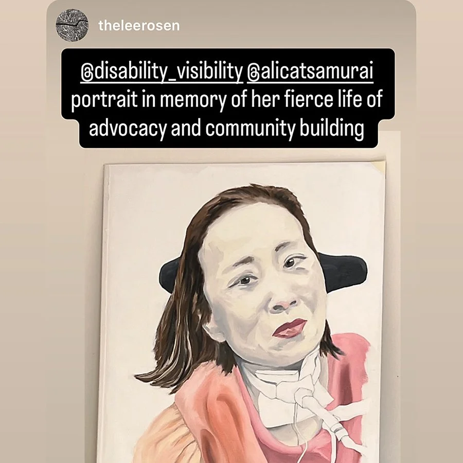 Portrait of a woman in a wheelchair on a canvas, with text in a social media post honoring her advocacy and community building efforts.