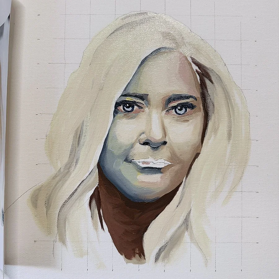 A portrait painting of a woman with blonde hair and blue eyes, with visible grid lines for drawing.
