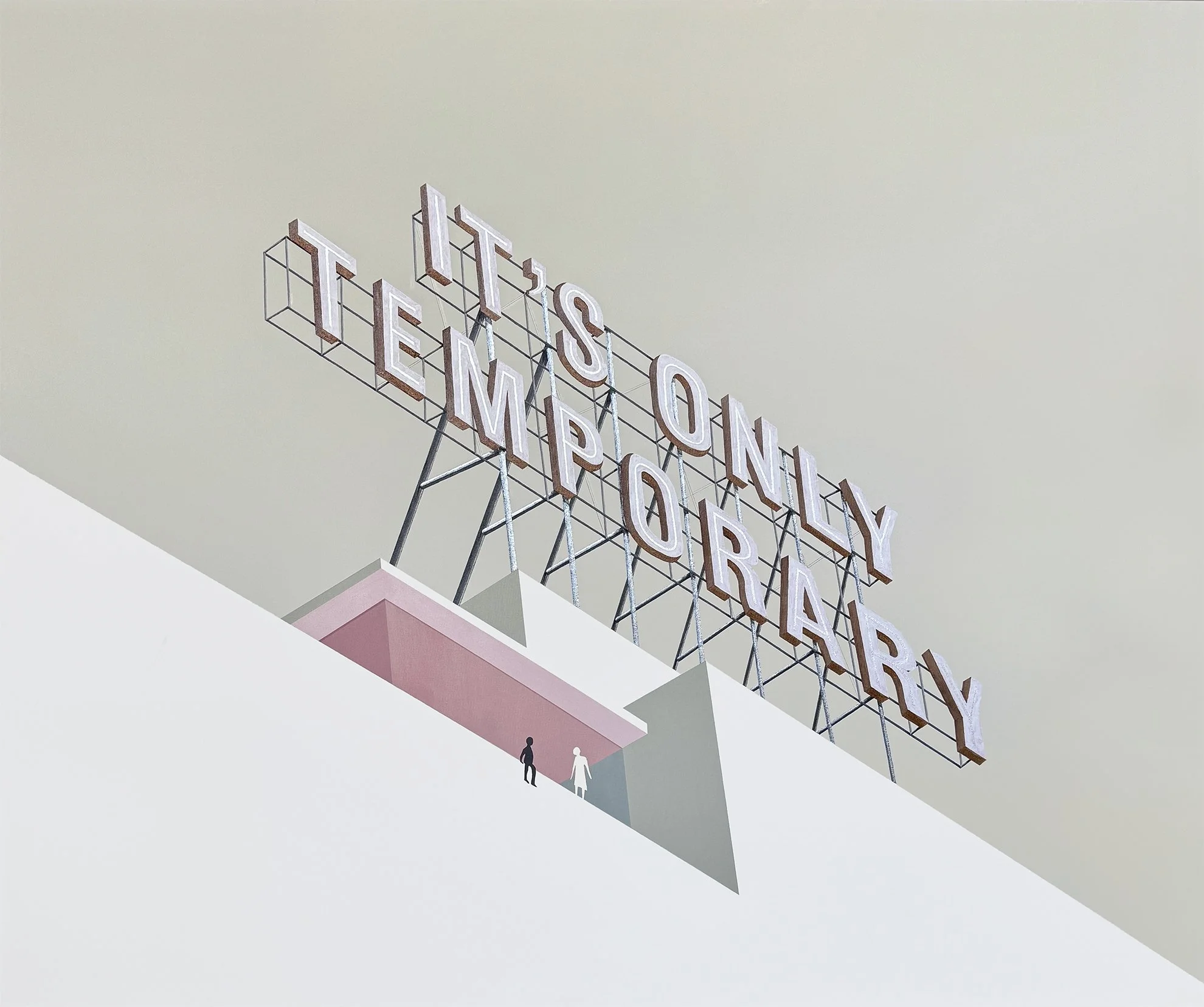 Architectural rendering of a building with a large sign on top of it that reads 'IT'S ONLY TEMPORARY'. Under the sign two figures appear in communication, one sitting on the edge, the other standing.