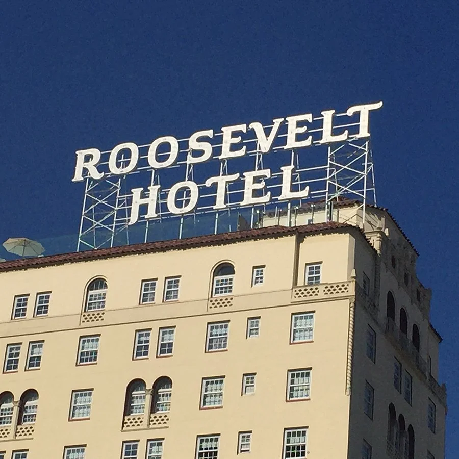 Sign on top of the Roosevelt Hotel building with large white letters spelling 'Roosevelt Hotel' against a clear blue sky.